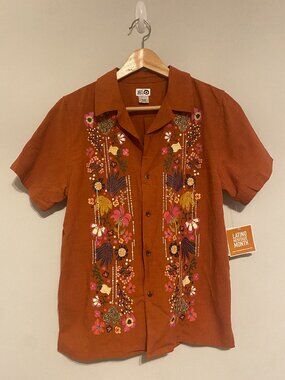 Embroidered Short Sleeve Button-Down Shirt, XL (GIRLS), Rust/Multicolor